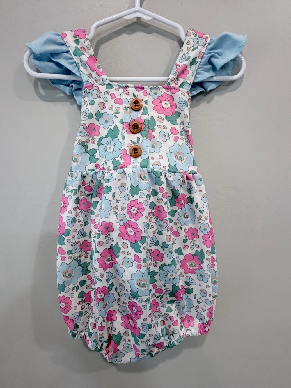 Toddler Floral Bubble Romper with Light Blue Ruffle Sleeves